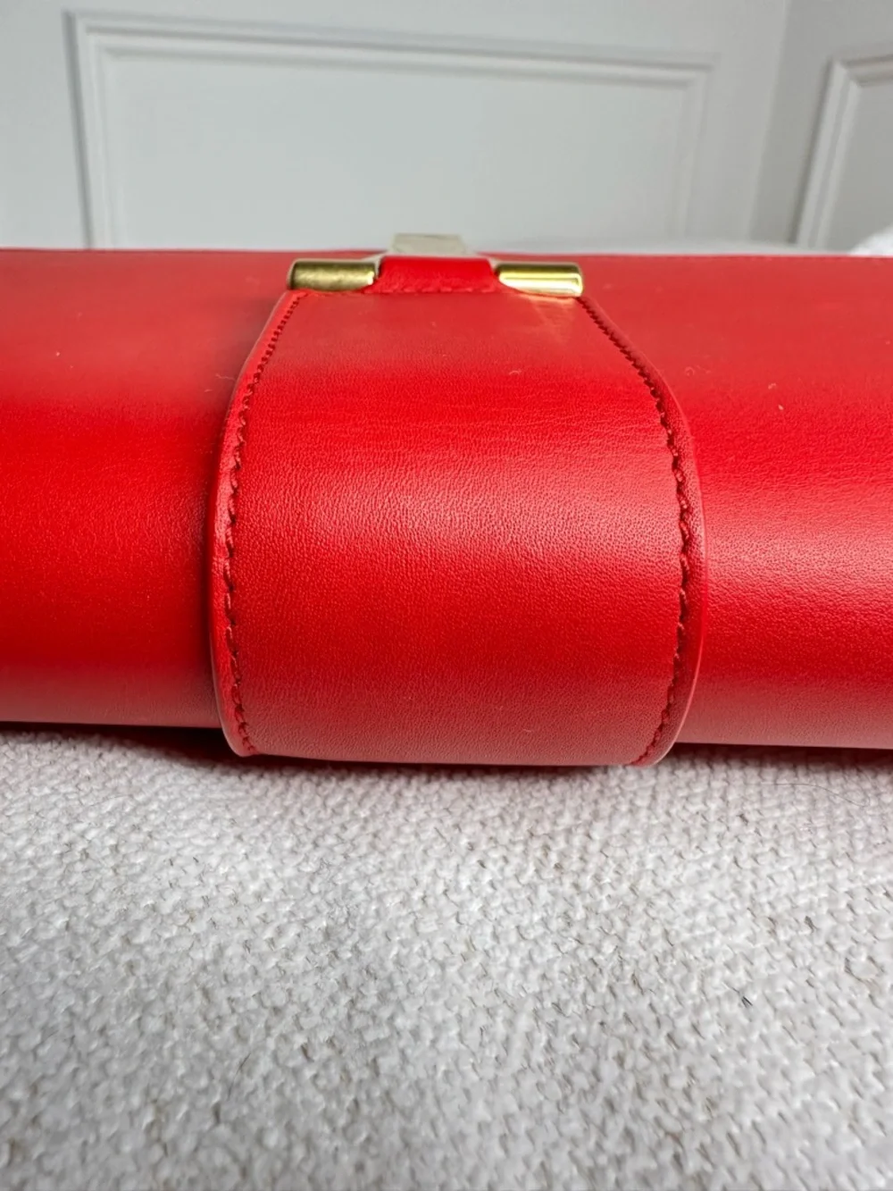 SOLD. Yves Saint Laurent Red Leather Clutch with Gold Y Emblem - Picture 7 of 15
